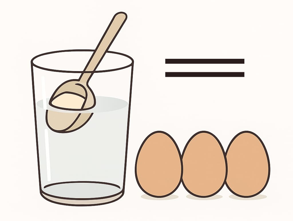 Pohár vody s odmerkou kolagénu vedľa troch vajec – vizuálny ekvivalent 20 g proteínu.